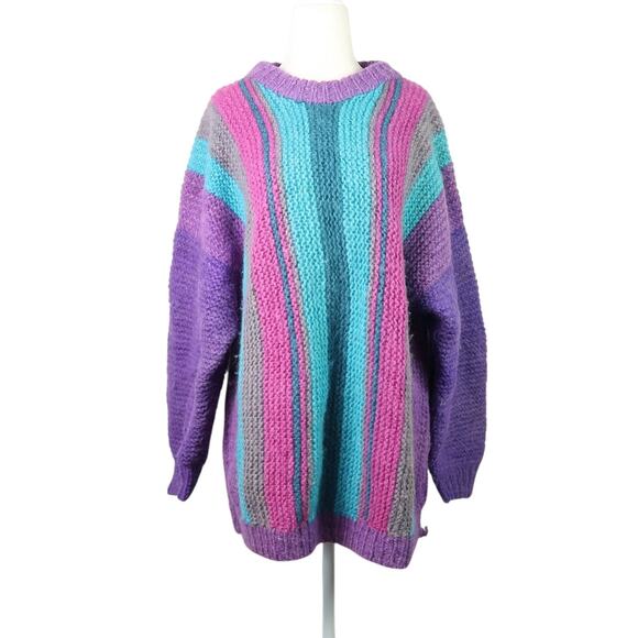 Vintage 80s/90s Purple and Blue Striped Wool Knit Crewneck Sweater L - Picture 1 of 4